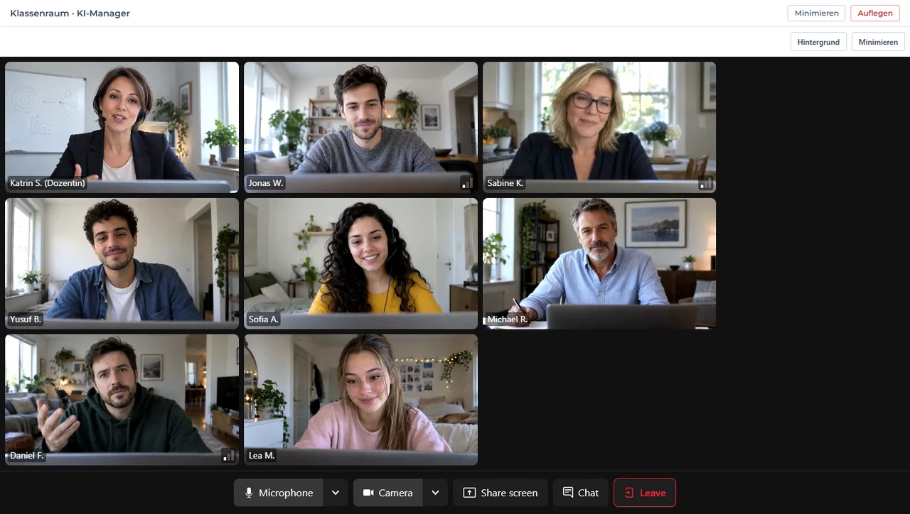 Beispielansicht des Live-Klassenraums mit acht Kacheln, Namen und Steuerleiste