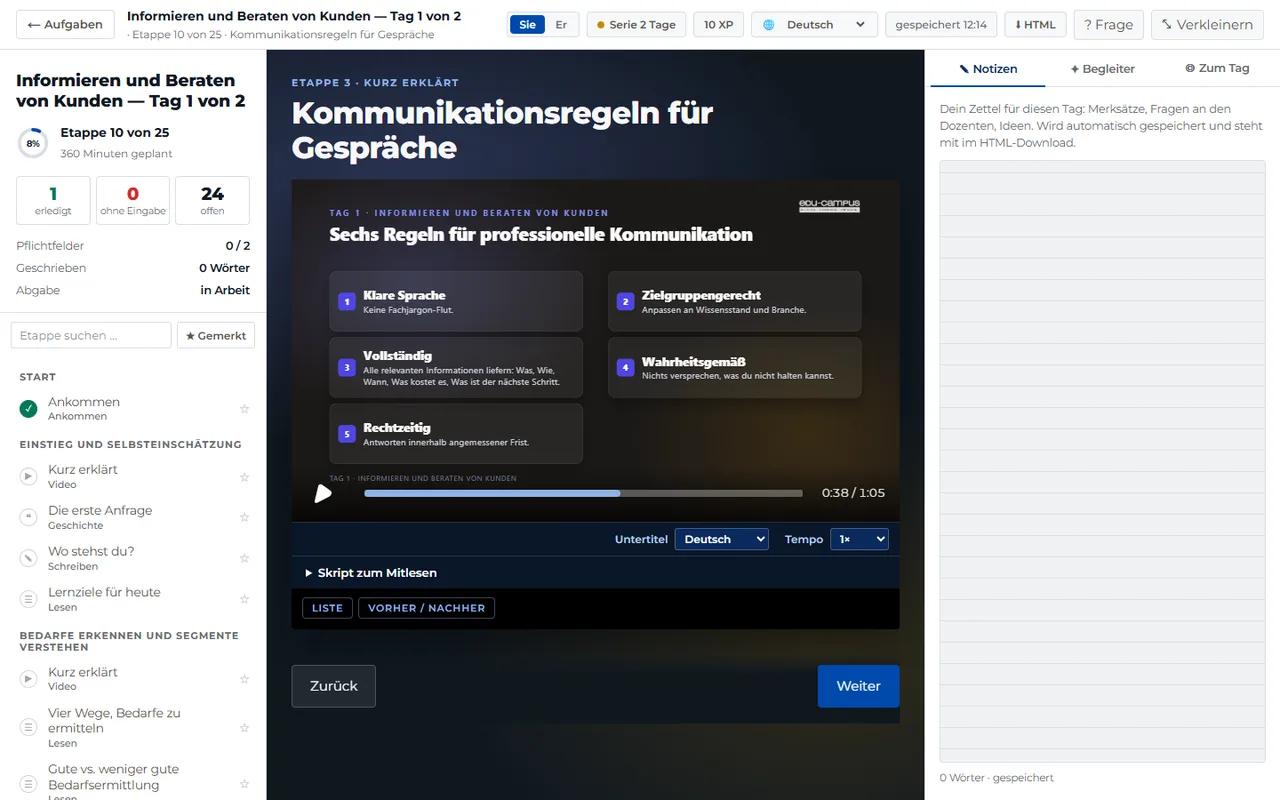 Ein Kurstag in der edu-campus Academy: Etappen links, Erklärvideo in der Mitte, Notizen rechts